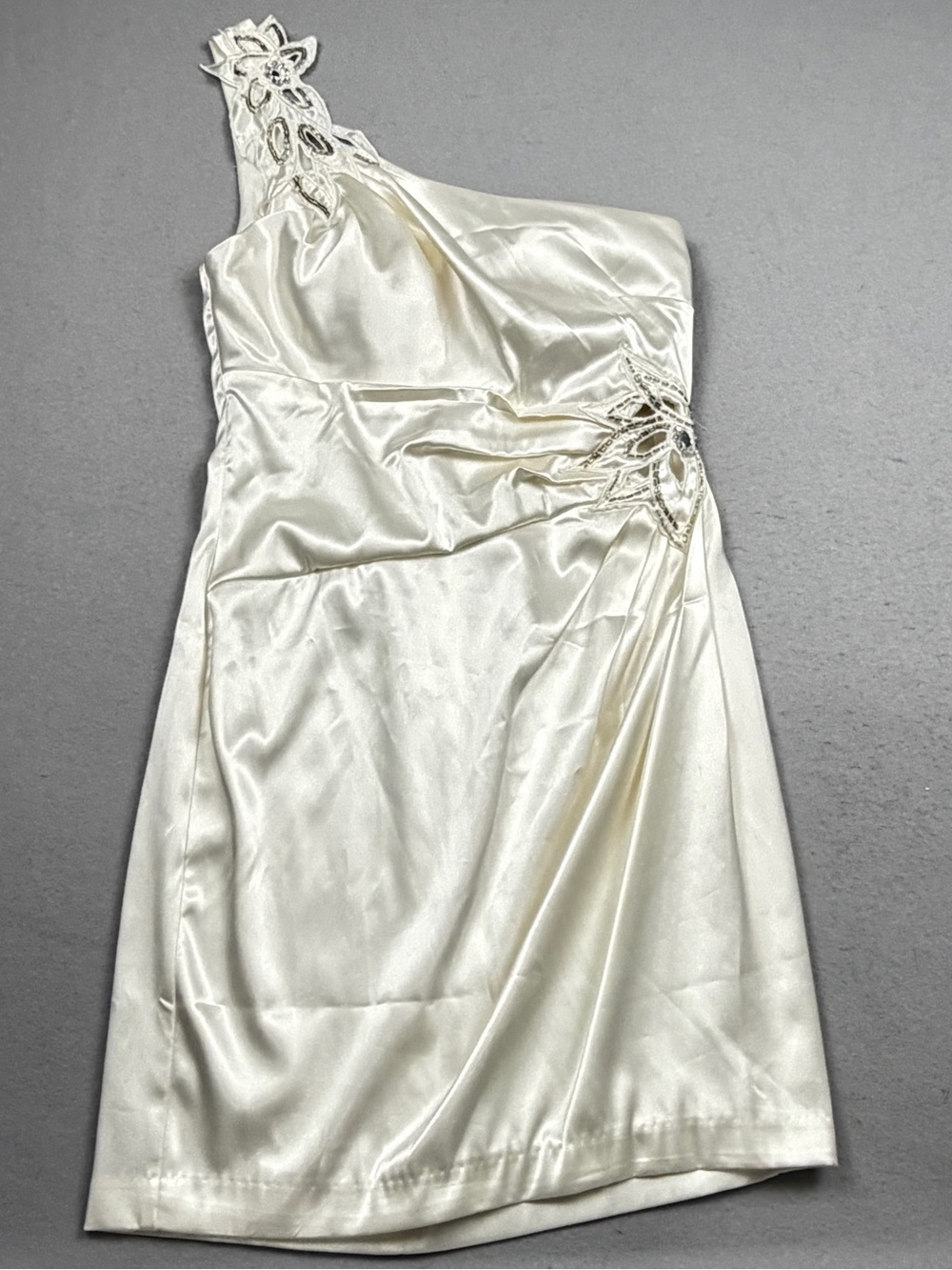 NWT City Studio One Shoulder Beaded Cocktail / Wedding Dress Sz 5 Ivory Satin